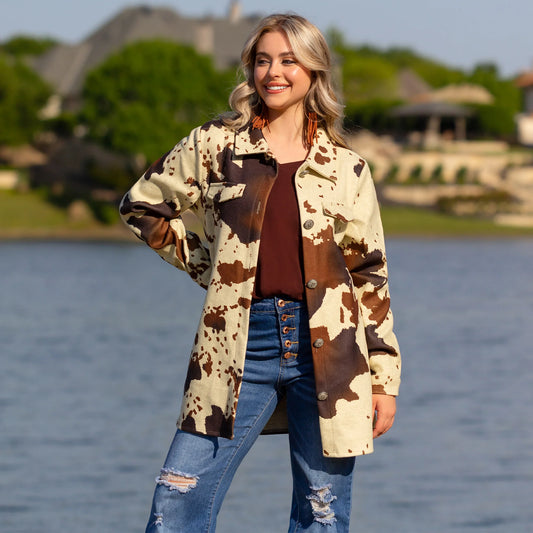 Cow Print Shacket with Pockets - Brown