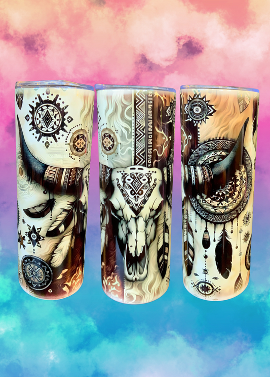 20 oz Skinny Tumbler - Cow Skull