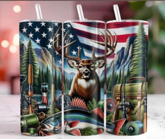 20 oz Skinny Tumbler - Deer, Fish and Flag