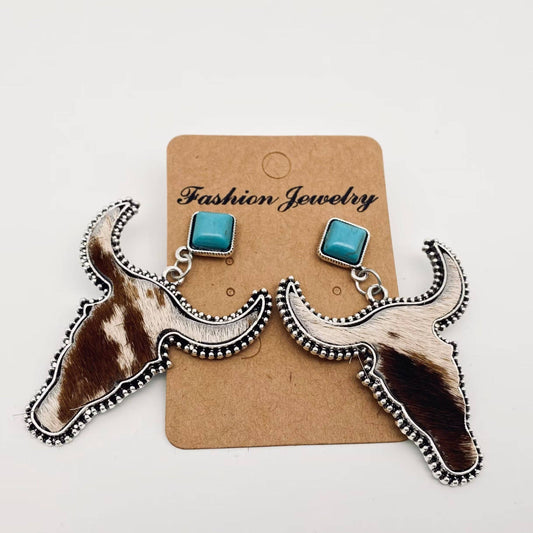 Western Style Cowhide Cowhead Shape Stud Earrings