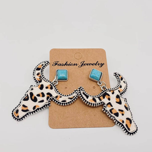 Western Style Cowhide Cowhead Shape Stud Earrings