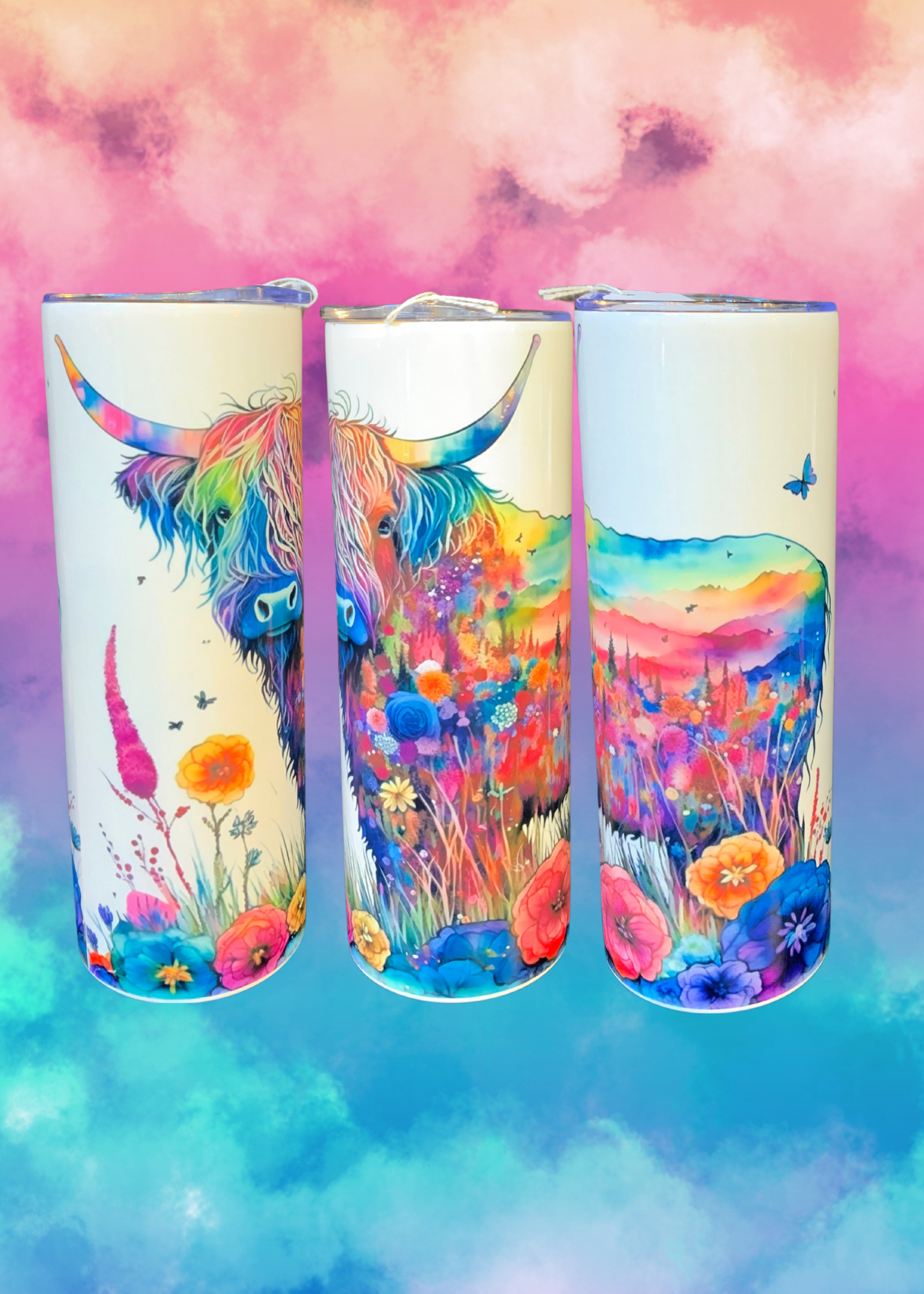 20 oz Skinny Tumbler - Colorful Highland Cow