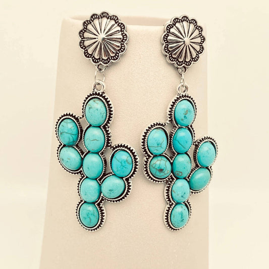 Western Style Turquoise Cactus Pendant Post Earrings - WJ