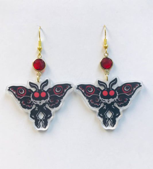 Acrylic Mothman Cryptid Creature Earrings Red Stone