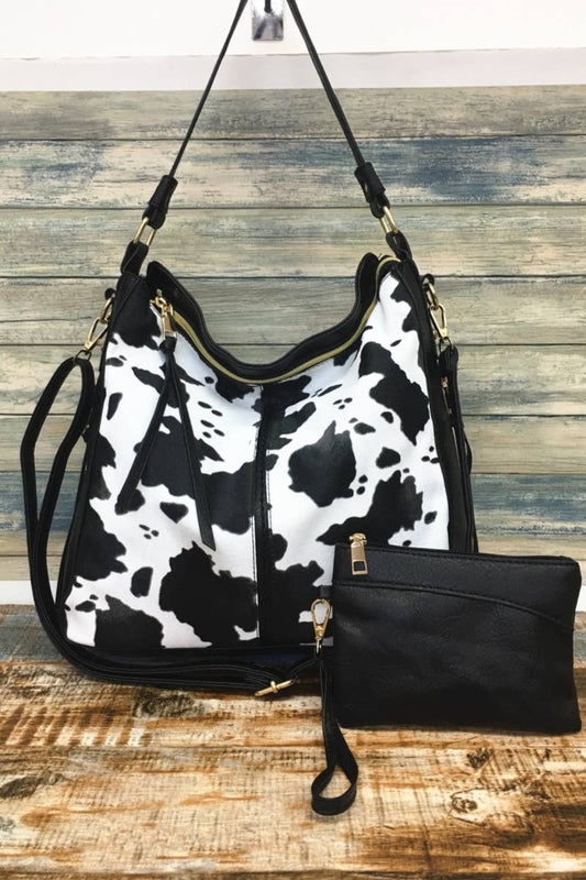 COW PRINT HANDBAG WIHT CLUTH: BLACK