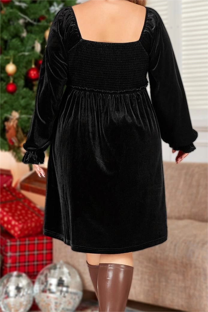 Velvet Long Sleeve Shirred Bodice Babydoll Dress