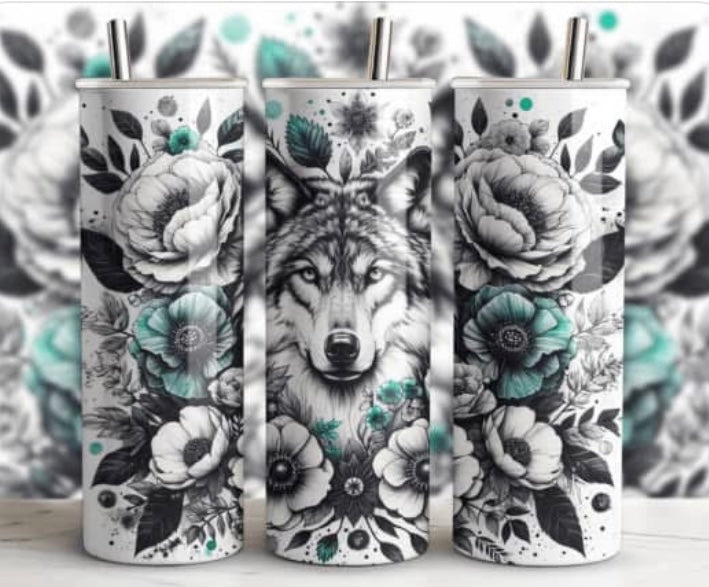 20 oz Skinny Tumbler - Black & Teal Wolf