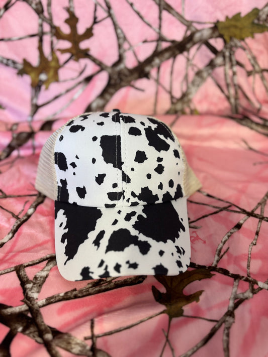 Pony tail ball cap - Cow print w/ White back