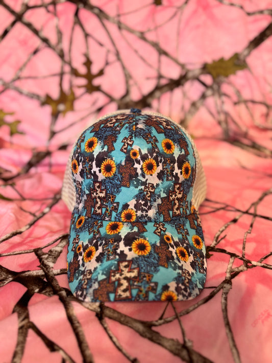 Pony tail ball cap - Leopard & Sunflower