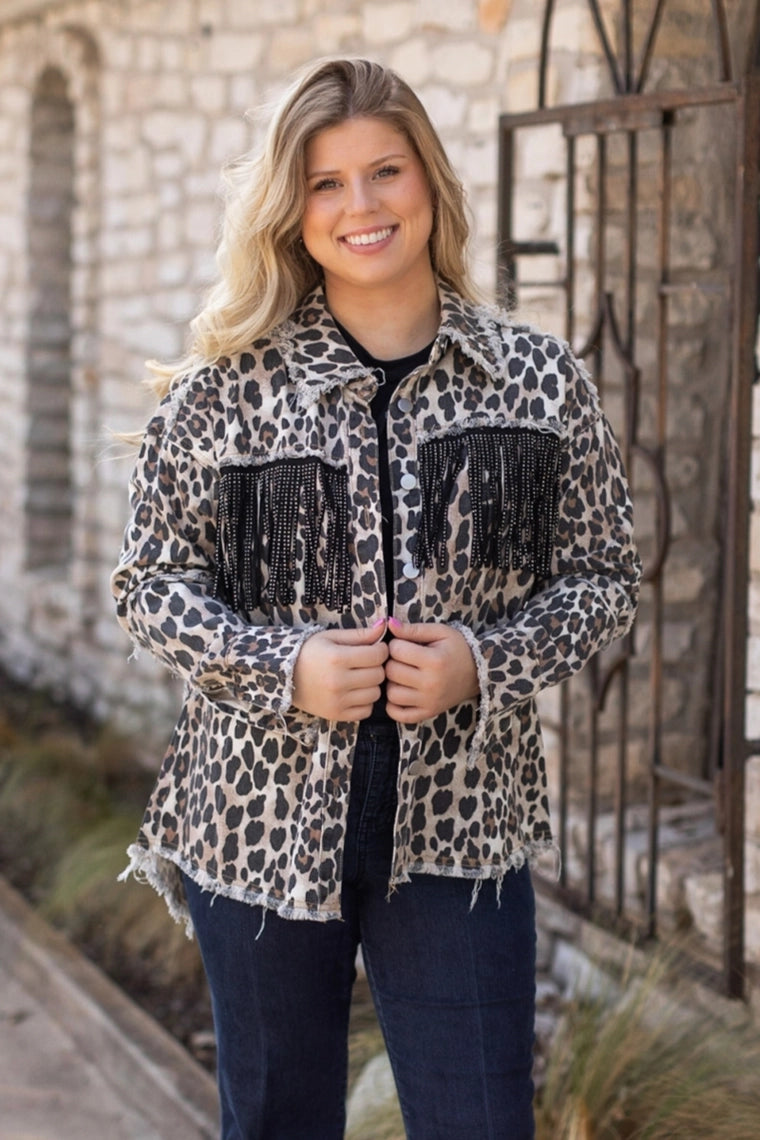 Denim leopard print jacket with fringe