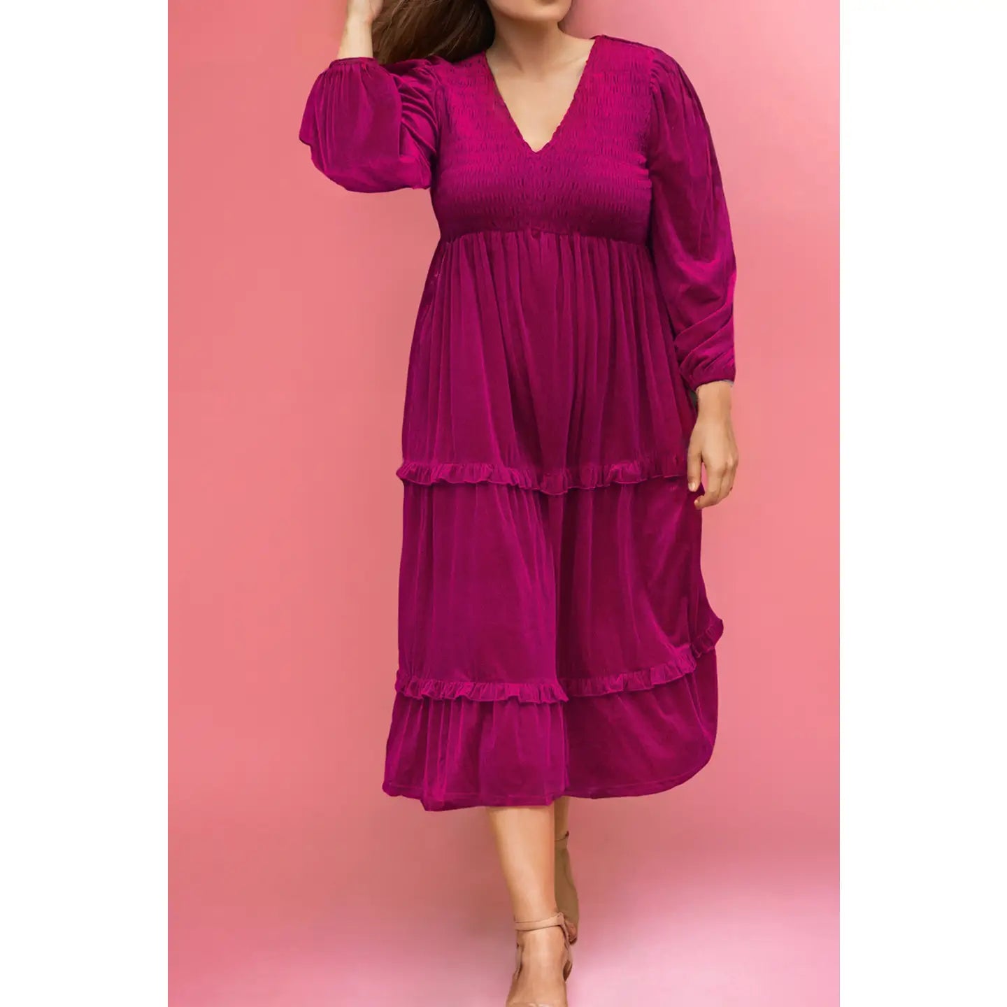 Shirred V Neck Long Sleeve Maxi Dress