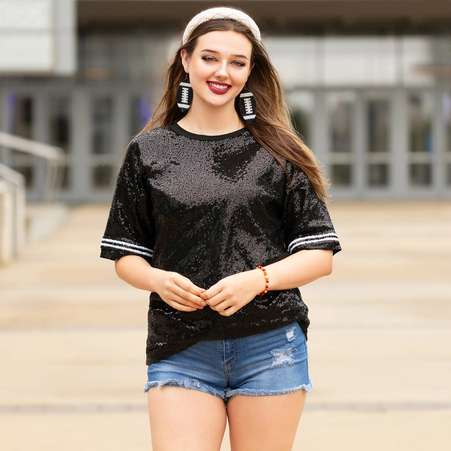 Sequin Half Sleeve Top - Black