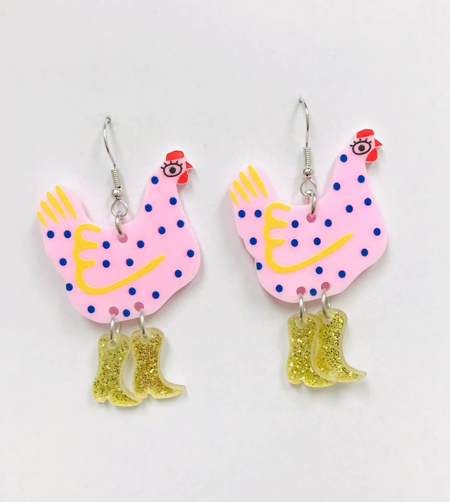 Acrylic PINK Hen With Boots Earrings