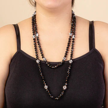 60 in beaded necklace - Black and silver Leopard