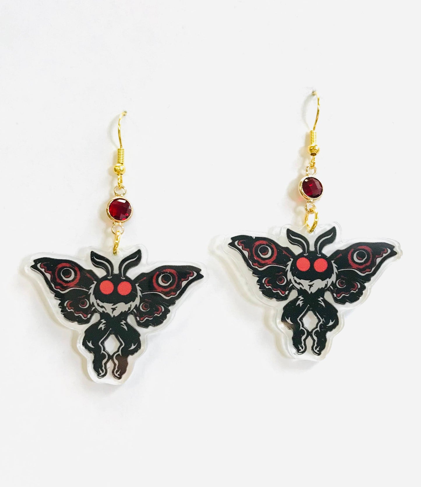 Acrylic Mothman Cryptid Creature Earrings Red Stone