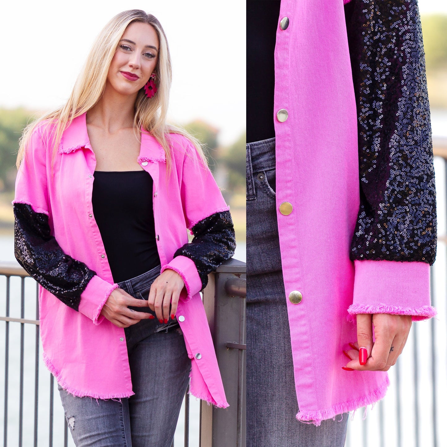 Shacket with Sequin Sleeves - Pink